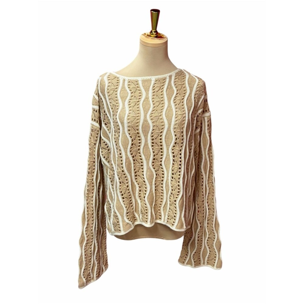 NWT Everyday Chic Beige Crochet Knit Sweater White Trim Boho Cottagecore Small